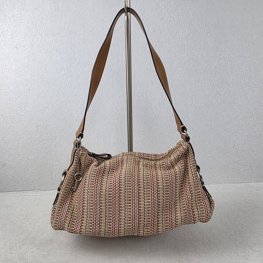 Fossil 75082 Shoulder Bag Multicolor Woven Straw Tan Leather Boho Hobo Purse